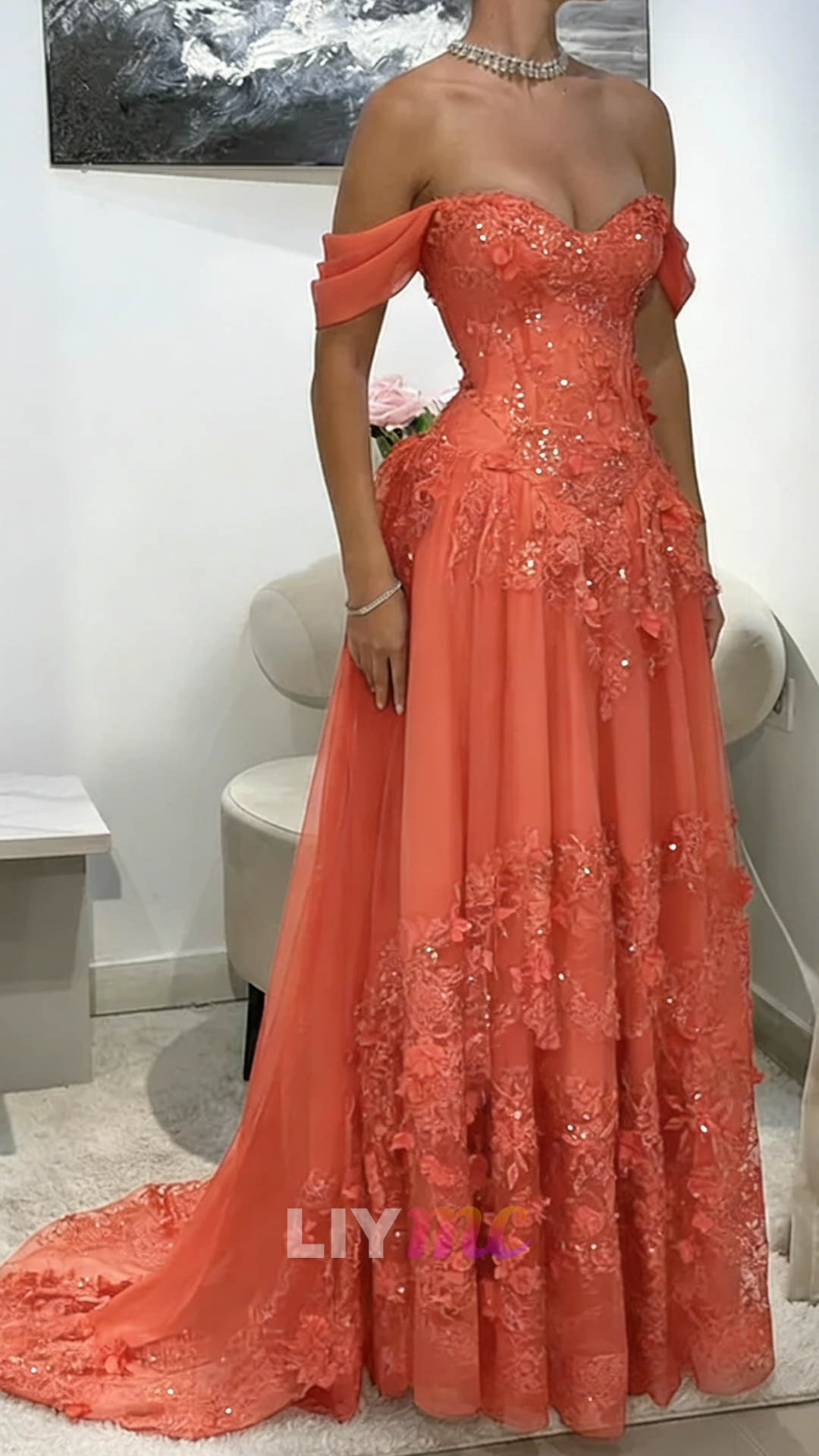 Off-Shoulder Appliques Tulle A-Line Corset Prom Dress