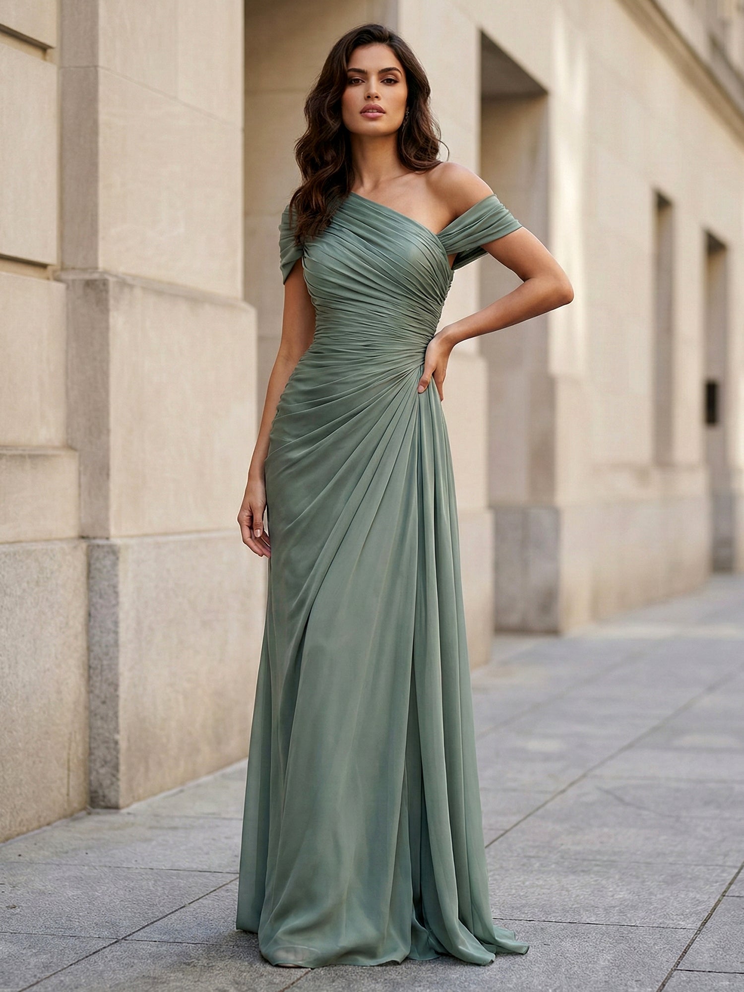One Shoulder A Line Chiffon Evening Dress with Pleat – Liymc
