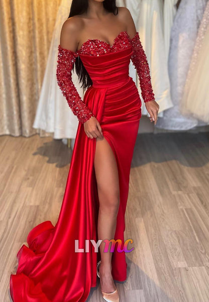 Sweetheart Sleeveless Sequins Ruched High Slit Sheath Prom Dress
