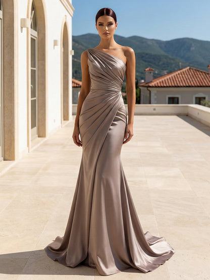 Evening Dress Wisteria Long Sleeves One Shoulder Pleat Maxi Dress