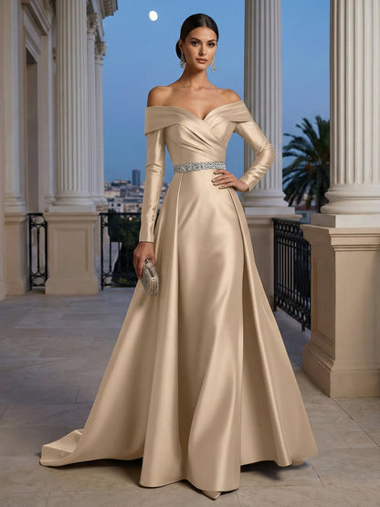 Formal Evening Dress Champagne Long Sleeves Maxi Dress with Belt