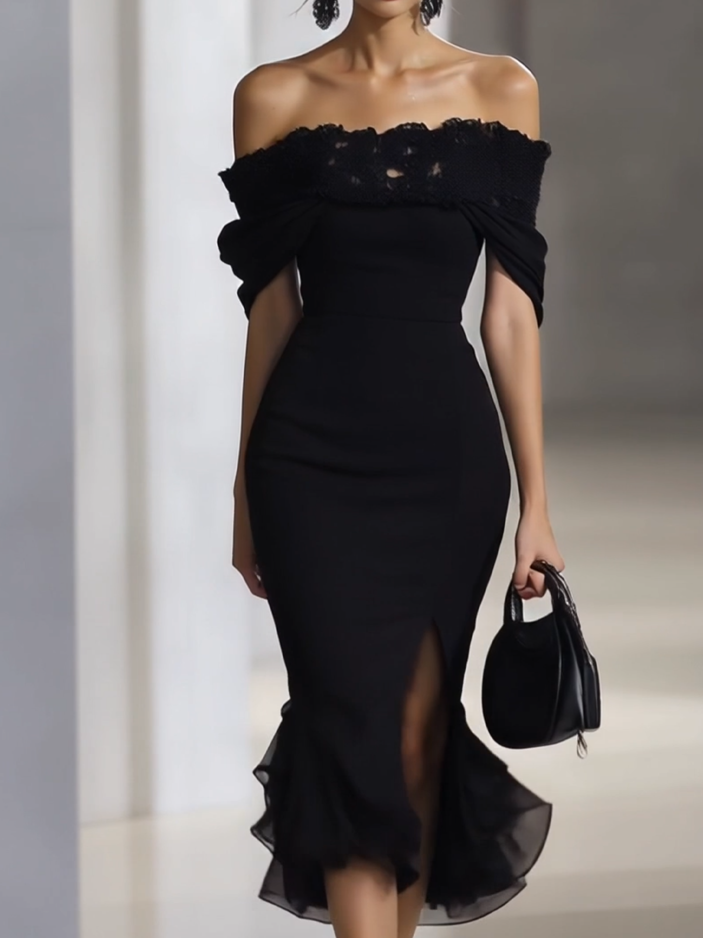 24-Hour-Shipping Off Shoulder Black Chiffon Dress With Lace