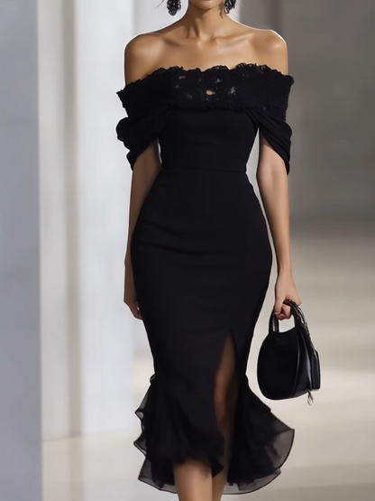 24-Hour-Shipping Off Shoulder Black Chiffon Dress With Lace