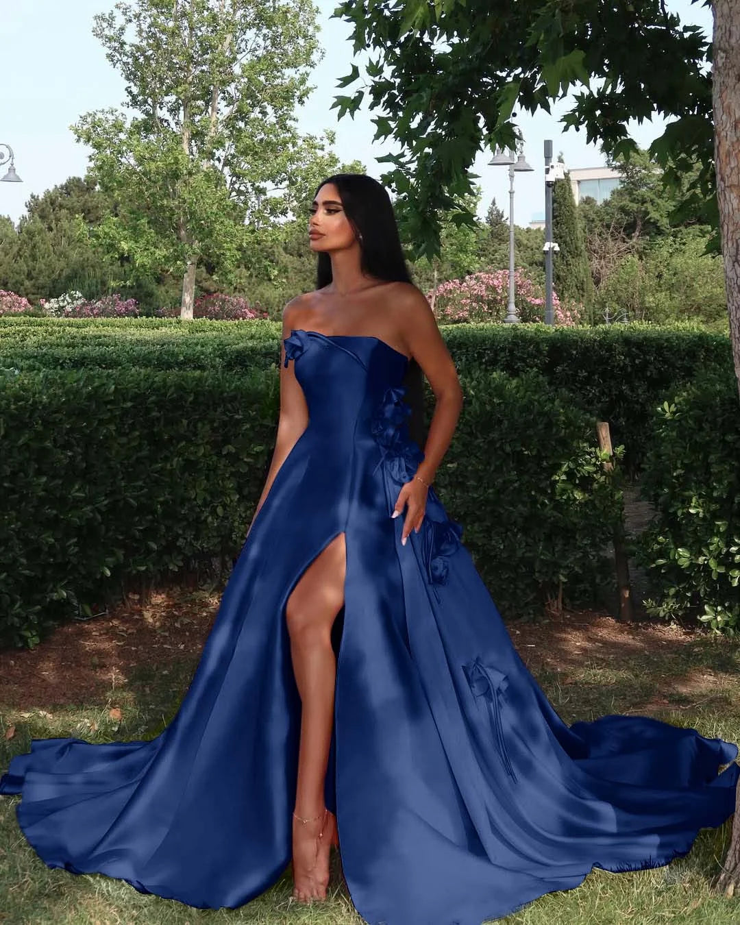 Elegant Straight Across Pink Split Sleeveless Handmade Flower Prom Dress YK0162