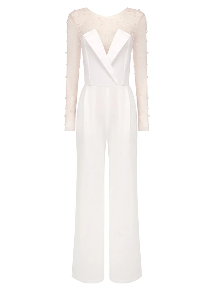 Pearl Mesh Bodysuit and White Jumpsuit Set