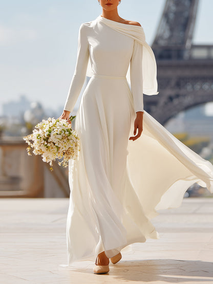 Women's White Modern Crepe One - Shoulder Draped Wedding Formal Gown