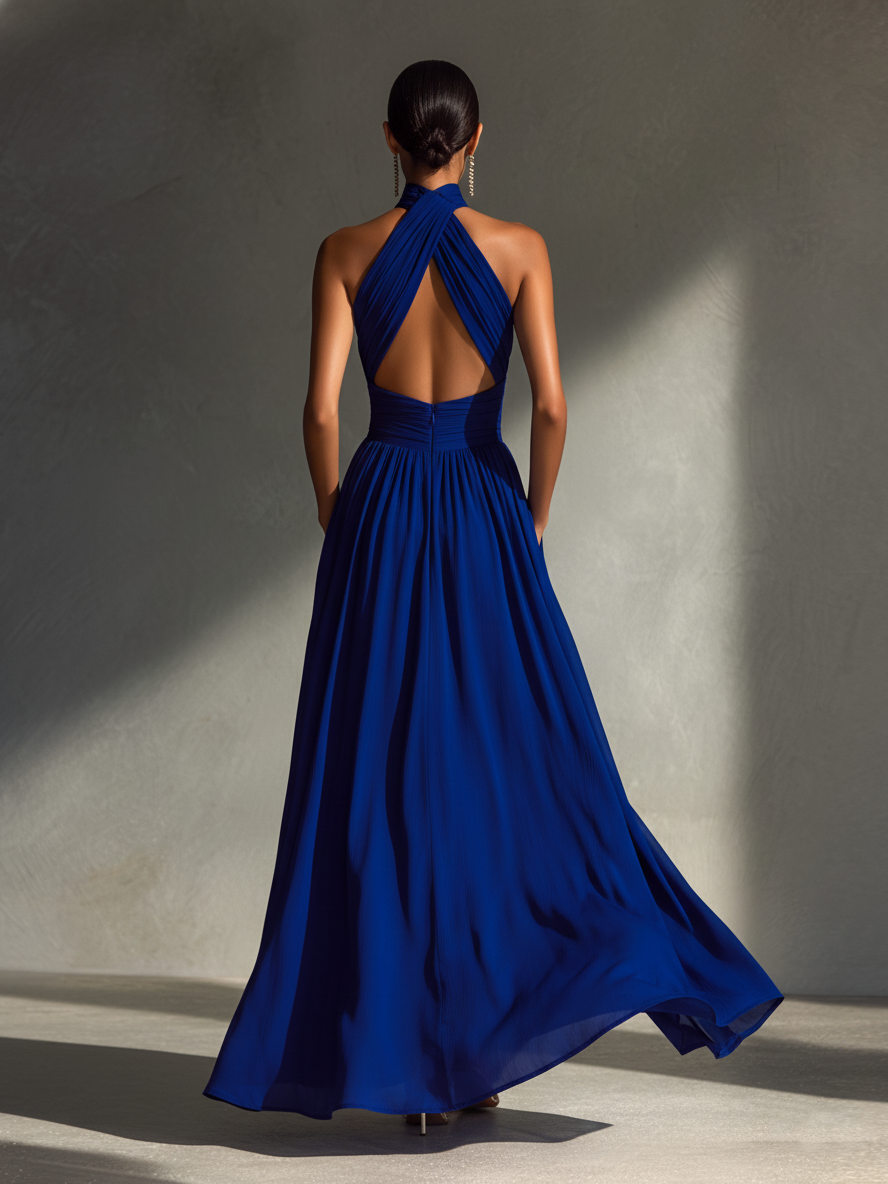 Women's Glamorous Woven Royal Blue Halter Ruched Waist Wide-Leg Pocketed Maxi Dress