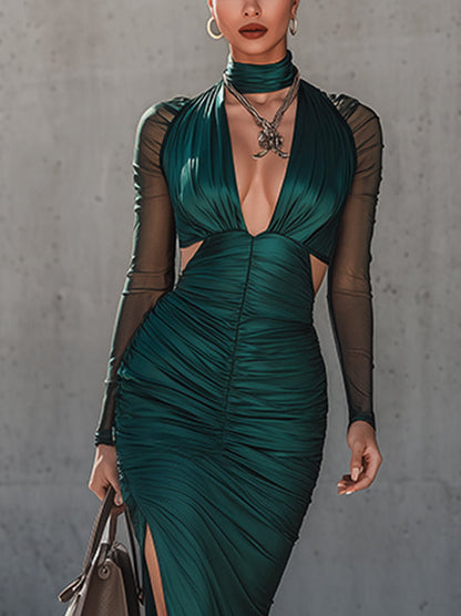 Green Mesh Sleeve Cutout Ruched High-Slit Bodycon Dress