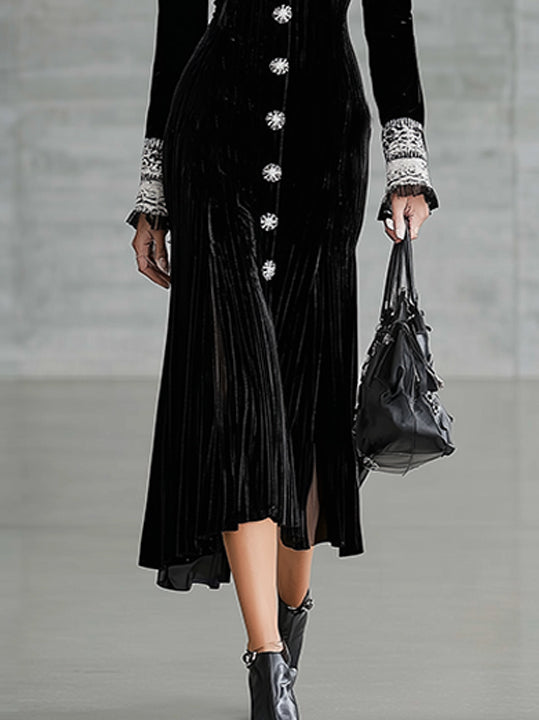 Black Velvet Button-Front Midi Dress