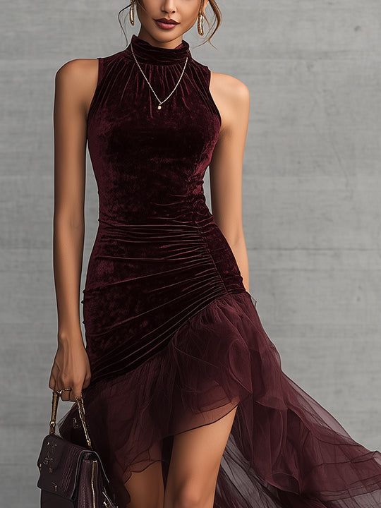 Burgundy High Neck Velvet Mesh Layered Asymmetric Maxi Dress
