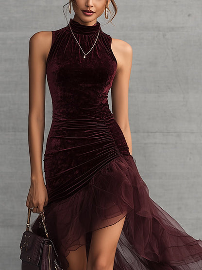 Burgundy High Neck Velvet Mesh Layered Asymmetric Maxi Dress