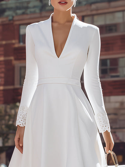 Elegant White Lace Trim Midi Dress