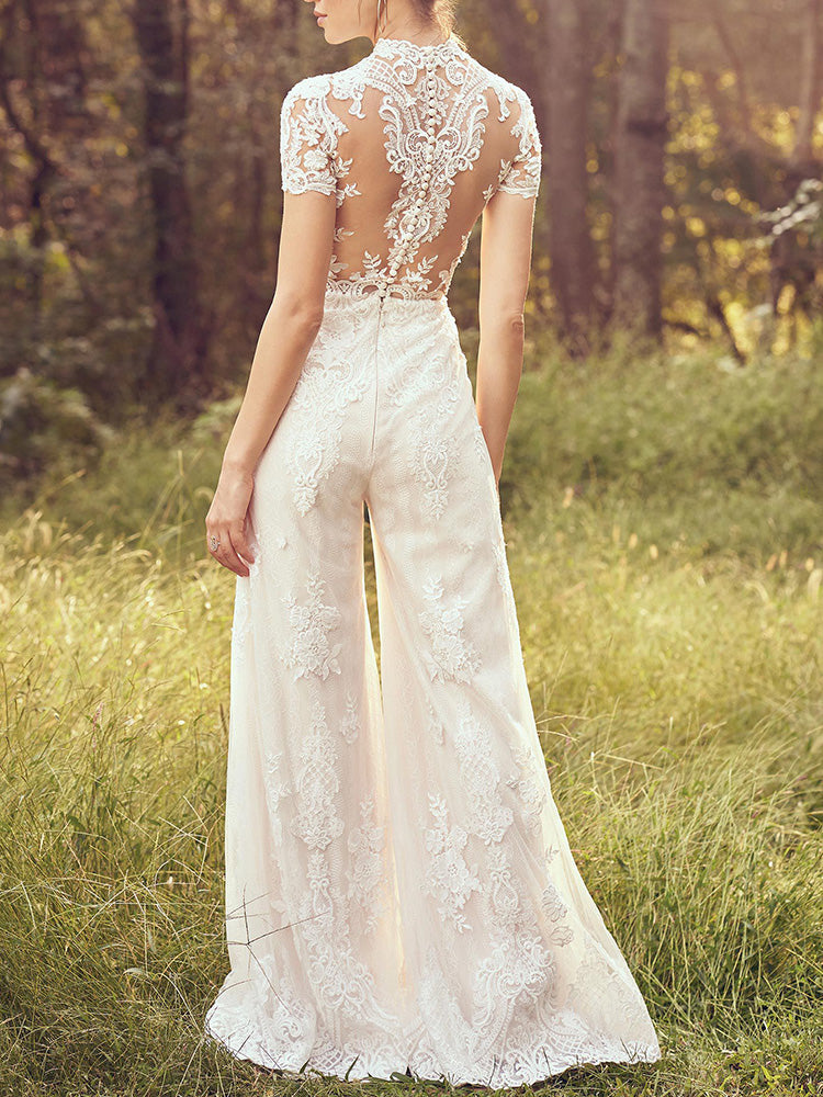 Stylish Round-Neck Embroidered See-Through Wide Leg White Jumpsuits