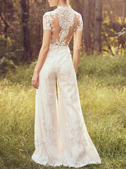 Stylish Round-Neck Embroidered See-Through Wide Leg White Jumpsuits