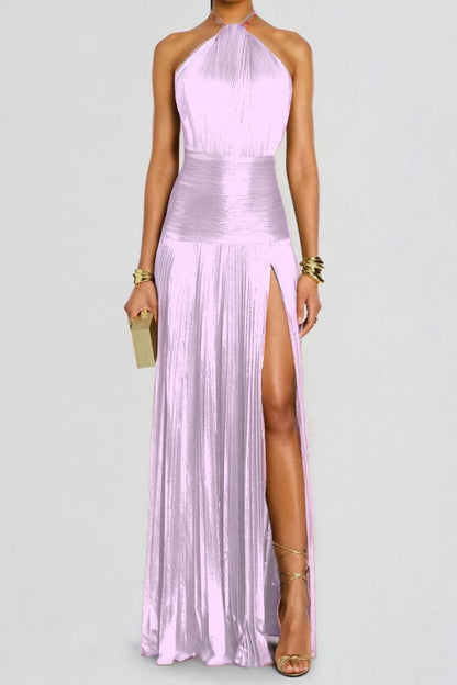 Charming Green Halter Sleeveless Backless Split Prom Dress with Pleated