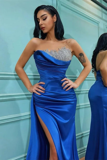 Royal Blue Strapless Sleeveless Split Mermaid Evening Dress With Beadings