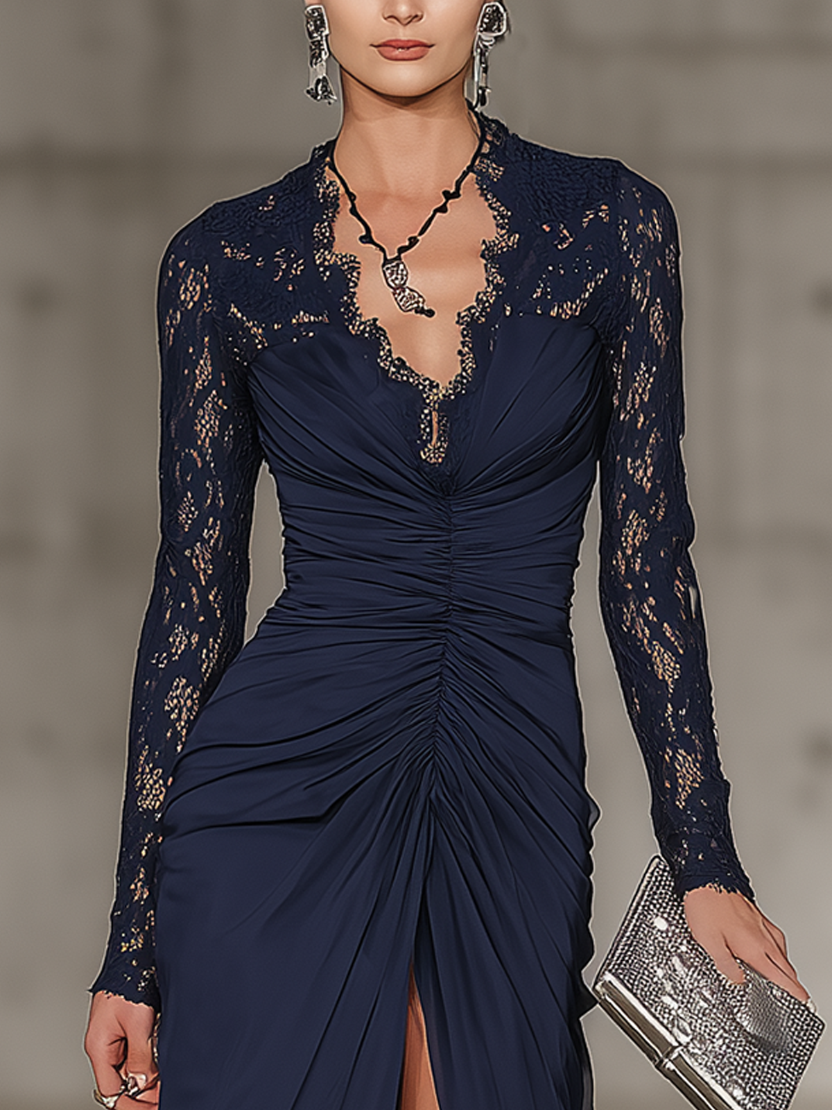 Navy Blue Lace Chiffon Maxi Dress