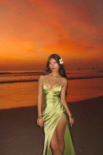 Green Split V-Neck Lace-up Summer Prom Dress ZT0712