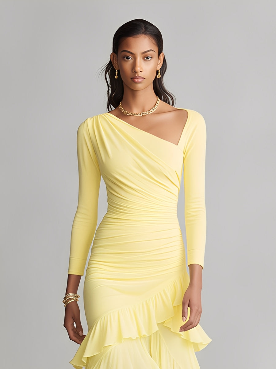 Women's Yellow Flowy Dress With Asymmetric Neckline & Ruffled High-Low Hem, Sophisticated Evening-Cocktail Style Dress