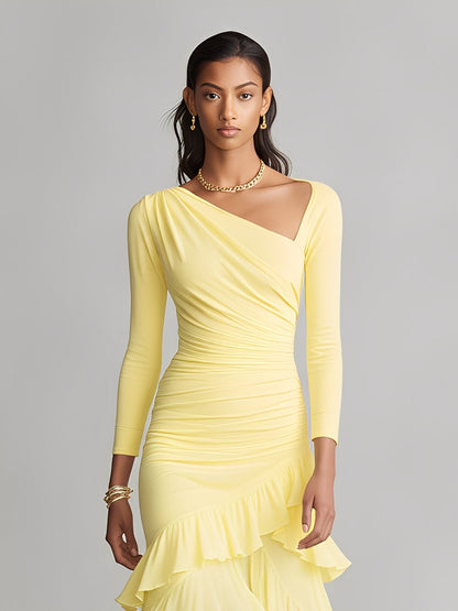 Women's Yellow Flowy Dress With Asymmetric Neckline & Ruffled High-Low Hem, Sophisticated Evening-Cocktail Style Dress