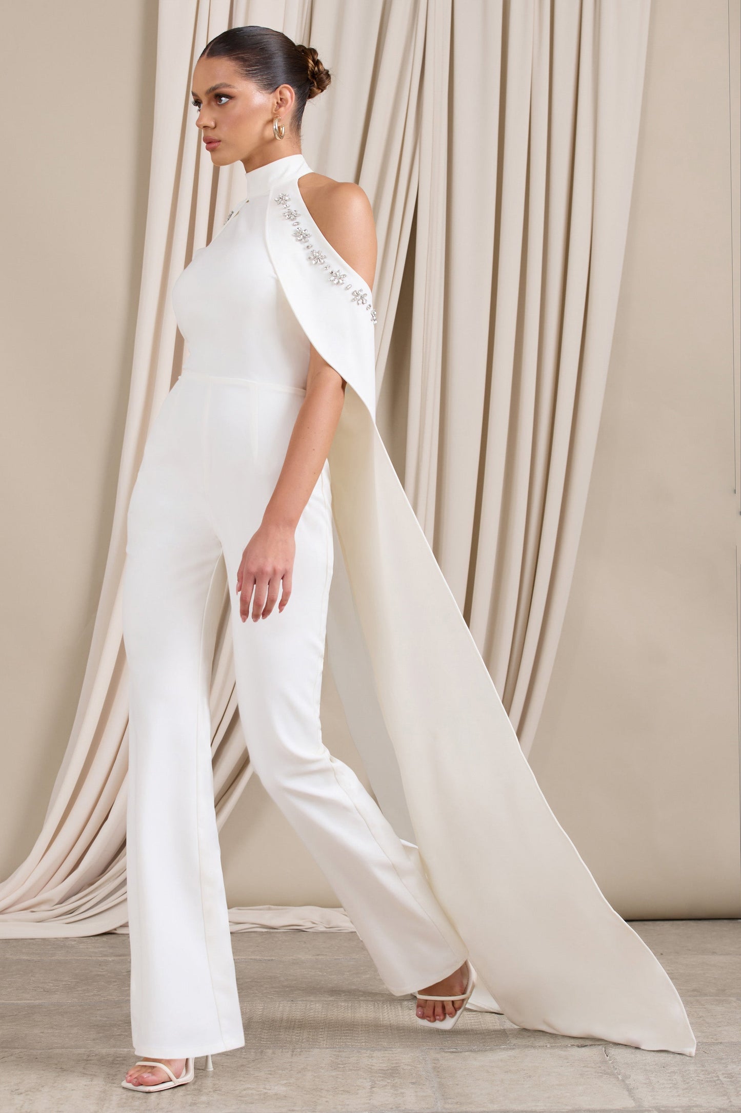 White High Neck Jumpsuit with Cold Shoulder Cape Sleeves