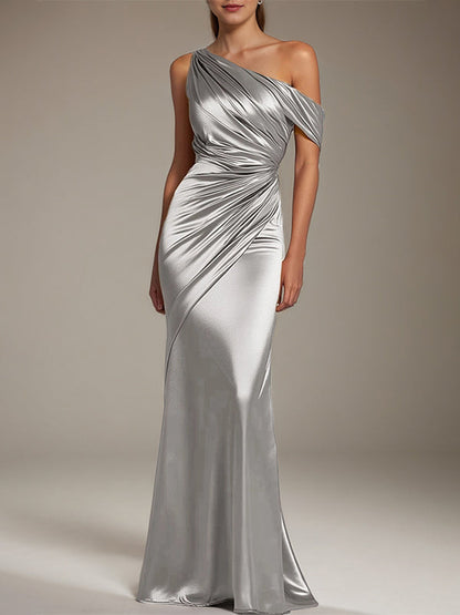 Formal Party Satin Dress Silver One-Shoulder Pleated  Floor-Length Dress