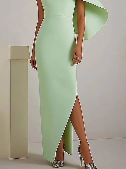 Chic Party Dress Sage Green High Neck Cape Asymmetric Maxi Dress