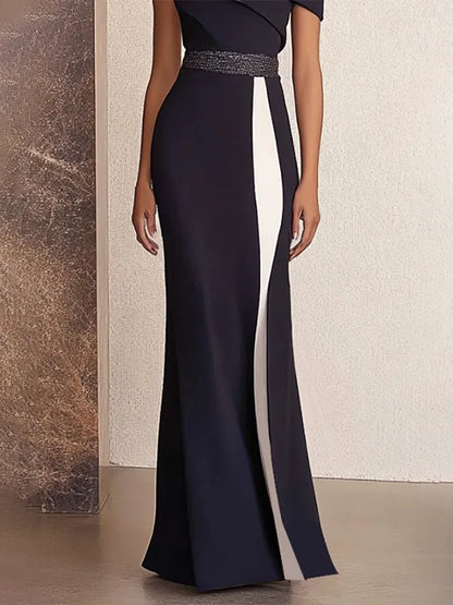 Formal Off-Shoulder Dress Black and White Colorblock Maxi Dress