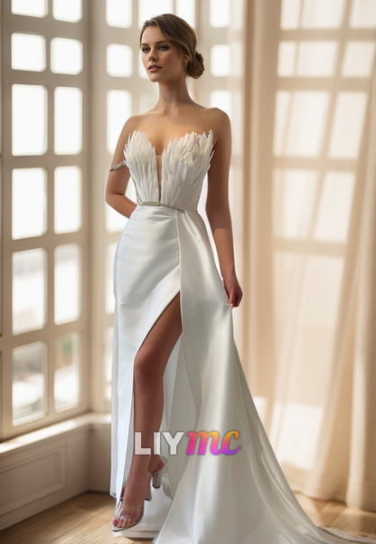 LP264 - Luxurious Low V-Neck Strapless Feather Satin Long Prom Evening Dress