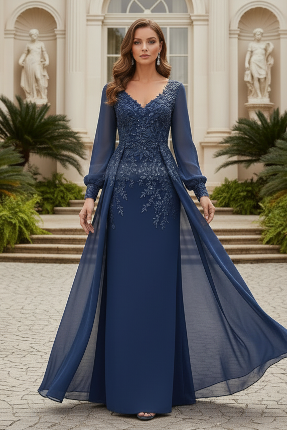 A-Line V-Neck Long Sleeves Floor-Length Chiffon Mother Of The Bride Dresses