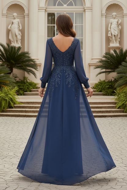 A-Line V-Neck Long Sleeves Floor-Length Chiffon Mother Of The Bride Dresses