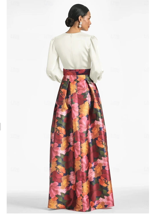 A-Line Evening Gown High Split Formal Wedding Guest Floor Length Long Sleeve V Neck Belt / Sash Satin with Floral Print