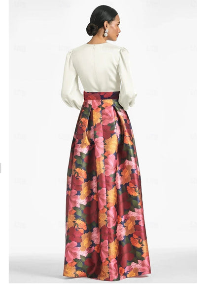 A-Line Evening Gown High Split Formal Wedding Guest Floor Length Long Sleeve V Neck Belt / Sash Satin with Floral Print