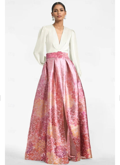 A-Line Evening Gown High Split Formal Wedding Guest Floor Length Long Sleeve V Neck Belt / Sash Satin with Floral Print