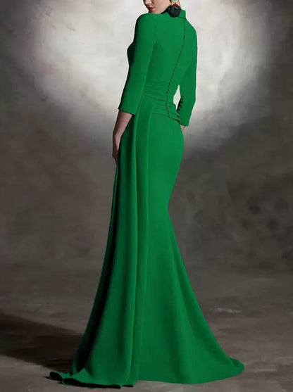 V-Neck 3/4 Length Sleeves Mermaid Mother of the Bride Dresse Pleated Floor-Length Guest Dresses For Wedding