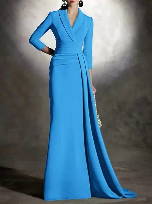 V-Neck 3/4 Length Sleeves Mermaid Mother of the Bride Dresse Pleated Floor-Length Guest Dresses For Wedding