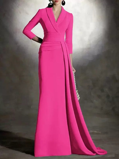 V-Neck 3/4 Length Sleeves Mermaid Mother of the Bride Dresse Pleated Floor-Length Guest Dresses For Wedding