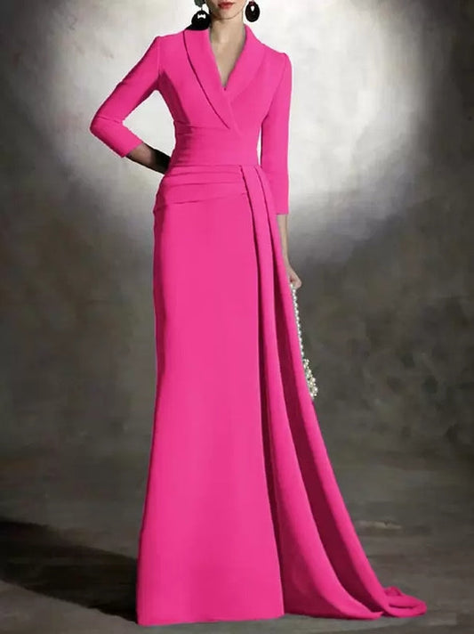 V-Neck 3/4 Length Sleeves Mermaid Mother of the Bride Dresse Pleated Floor-Length Guest Dresses For Wedding