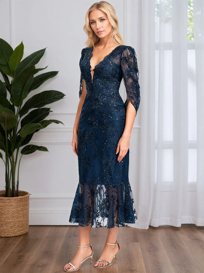 Trumpet/Mermaid V-Neck Tea-Length Tulle Lace Cocktail Dress With Sequins