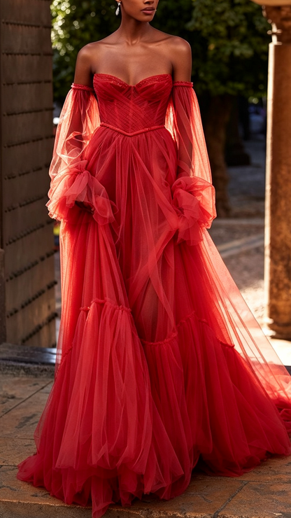 Sweetheart Long Sleeves Tulle A-Line Wedding Ball Gown Dress