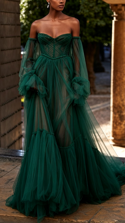 Sweetheart Long Sleeves Tulle A-Line Wedding Ball Gown Dress