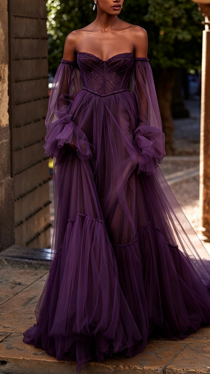 Sweetheart Long Sleeves Tulle A-Line Wedding Ball Gown Dress
