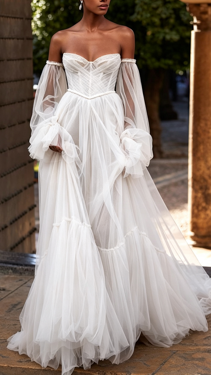 Sweetheart Long Sleeves Tulle A-Line Wedding Ball Gown Dress