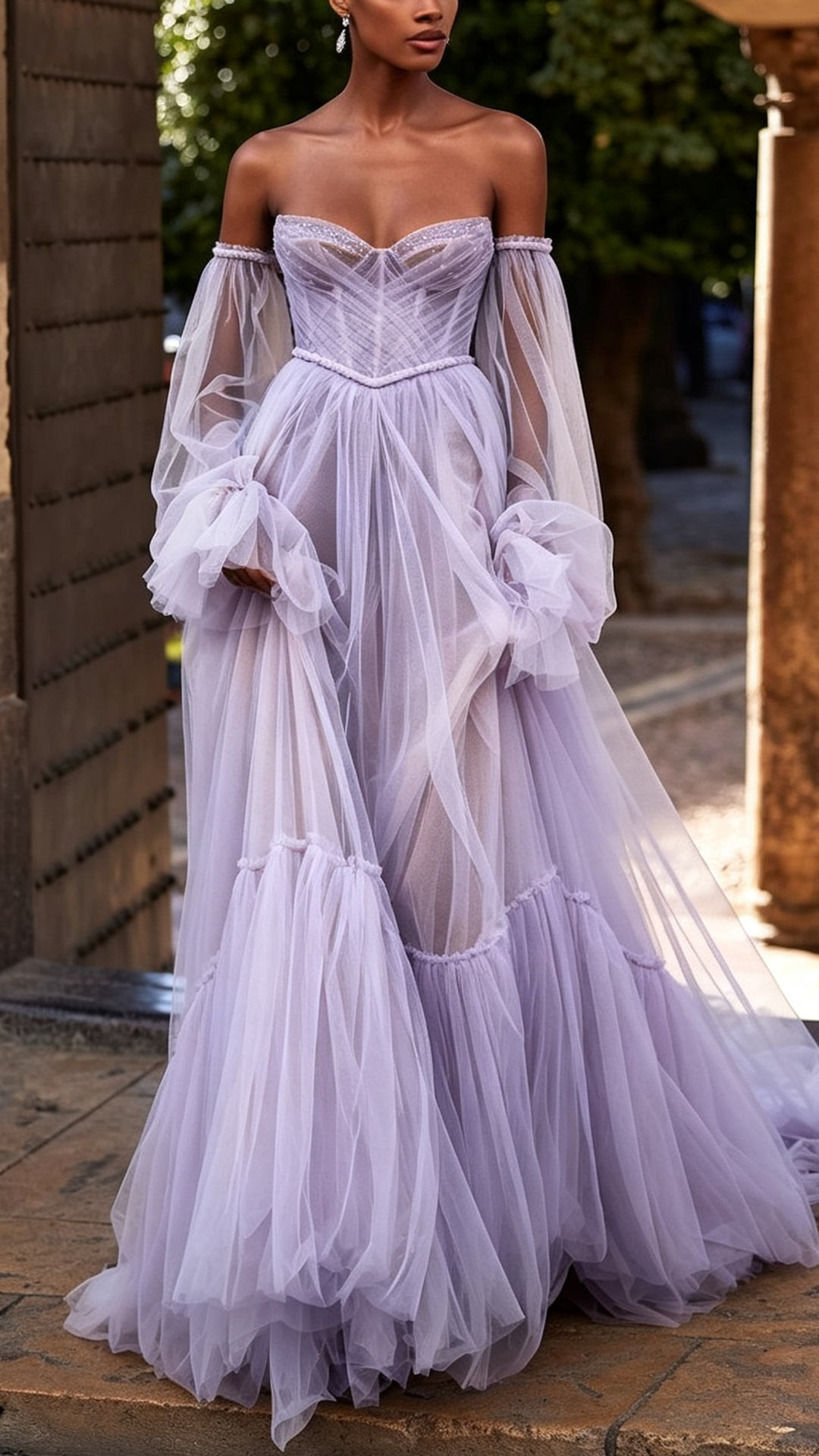 Sweetheart Long Sleeves Tulle A-Line Wedding Ball Gown Dress