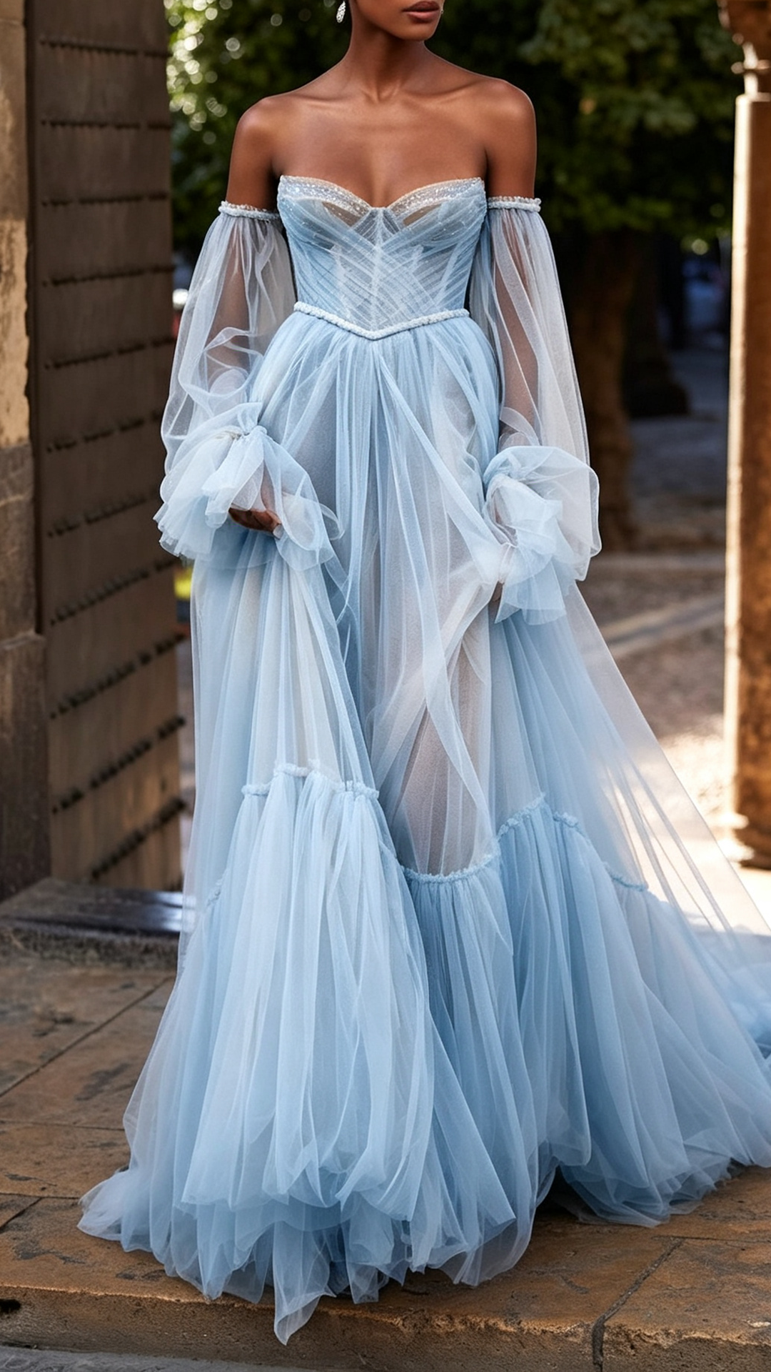 Sweetheart Long Sleeves Tulle A-Line Wedding Ball Gown Dress