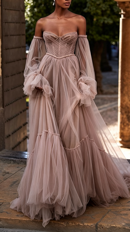 Sweetheart Long Sleeves Tulle A-Line Wedding Ball Gown Dress