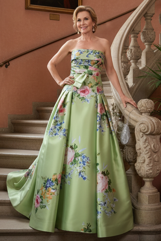 dress-Strapless Prined A-Line Mikado Satin Mother of Bride Dress