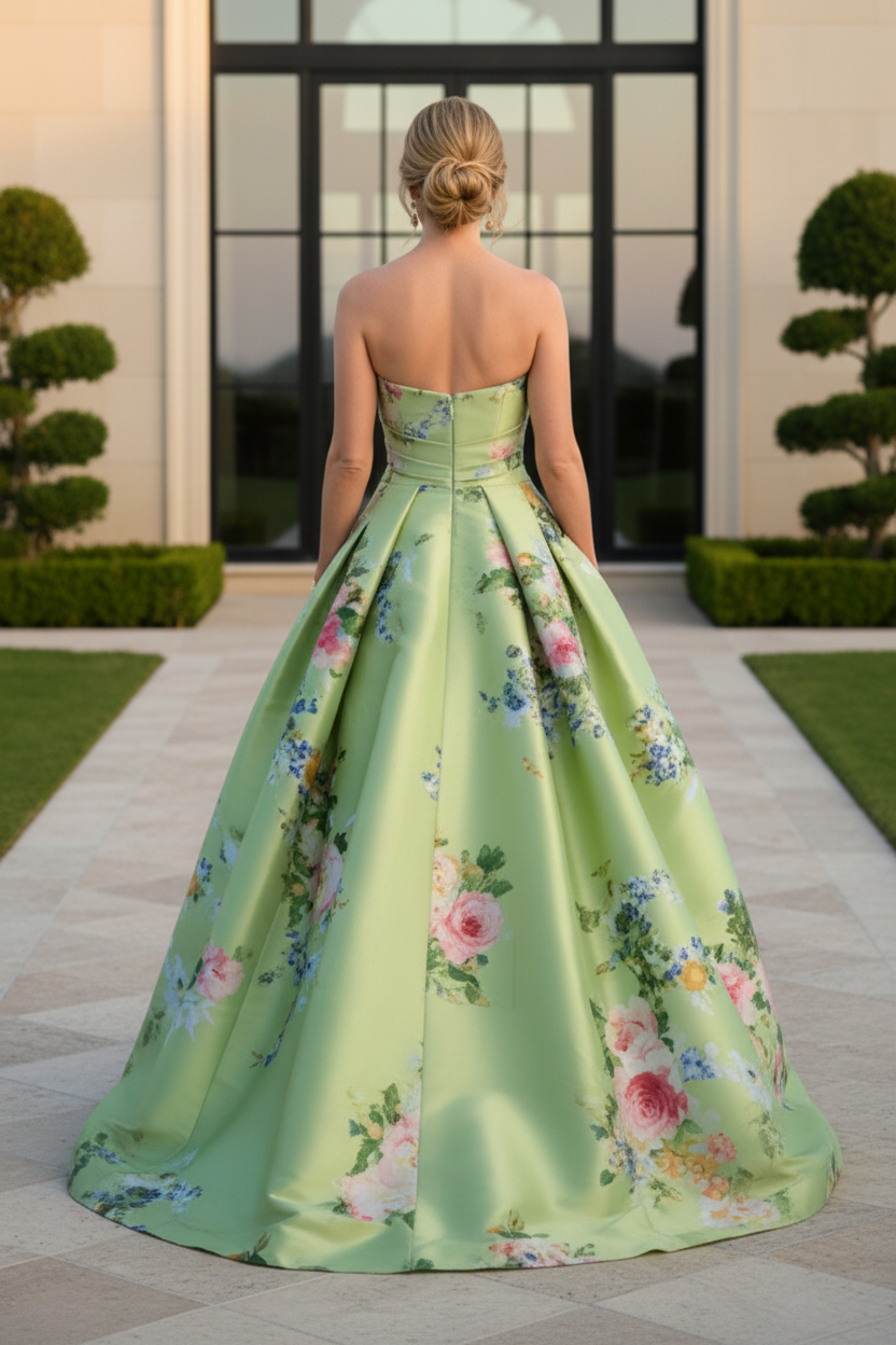 dress-Strapless Prined A-Line Mikado Satin Mother of Bride Dress