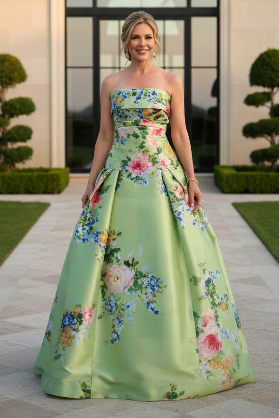 dress-Strapless Prined A-Line Mikado Satin Mother of Bride Dress
