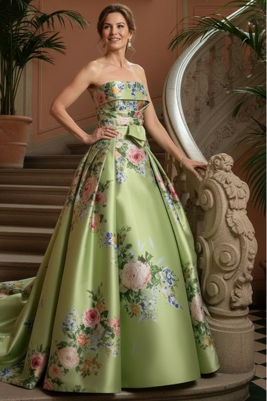 dress-Strapless Prined A-Line Mikado Satin Mother of Bride Dress